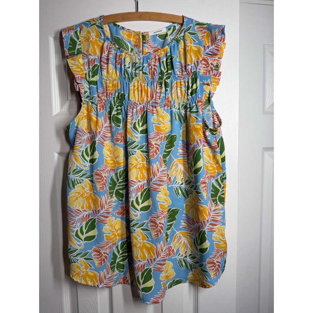 PLEIONE Womens XL  Cap Flutter Sleeve  Blouse Top Pleated Smock Key Hole Beach